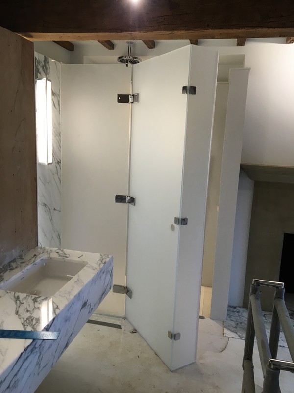 Bespoke frosted glass shower enclosure in St John's Wood luxury bathroom